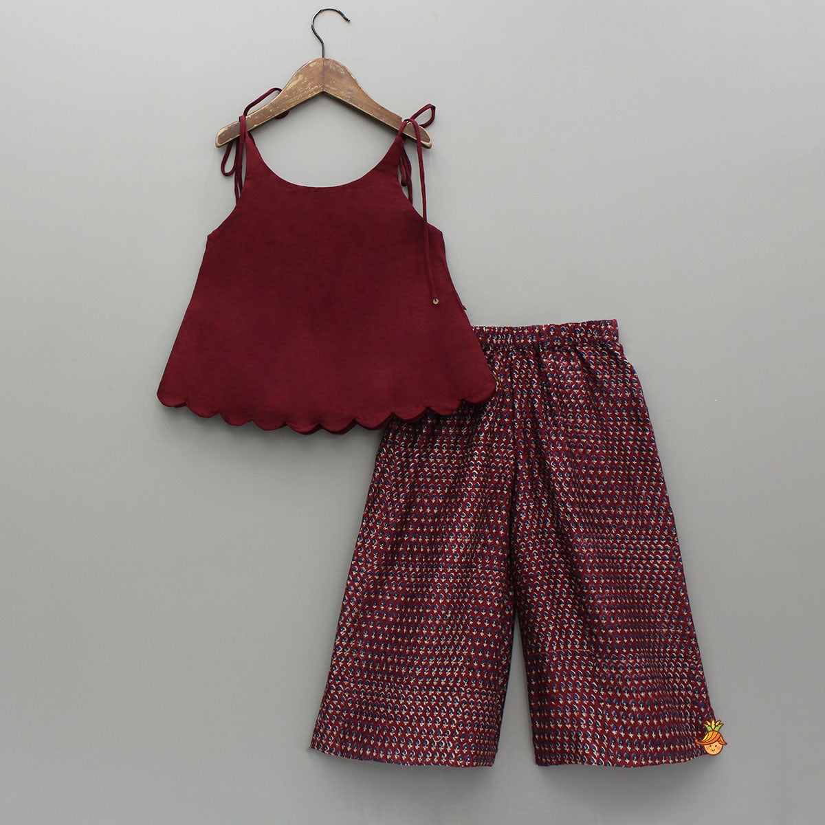 Maroon Tie-Up Hand Embroidered Scallop Top With Printed Palazzo