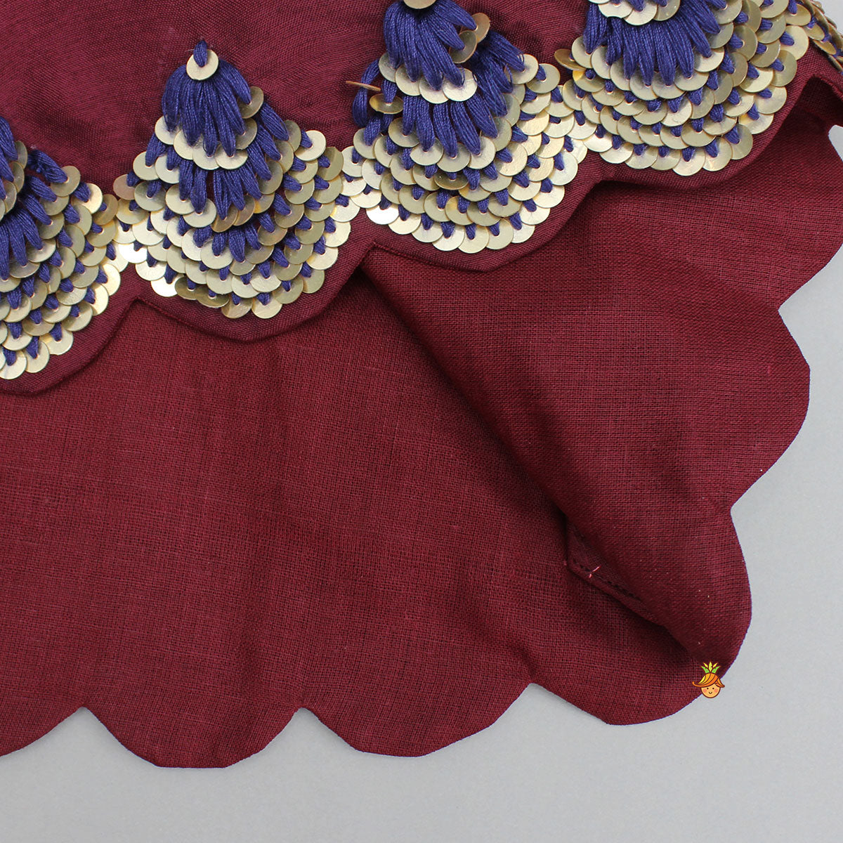 Maroon Tie-Up Hand Embroidered Scallop Top With Printed Palazzo