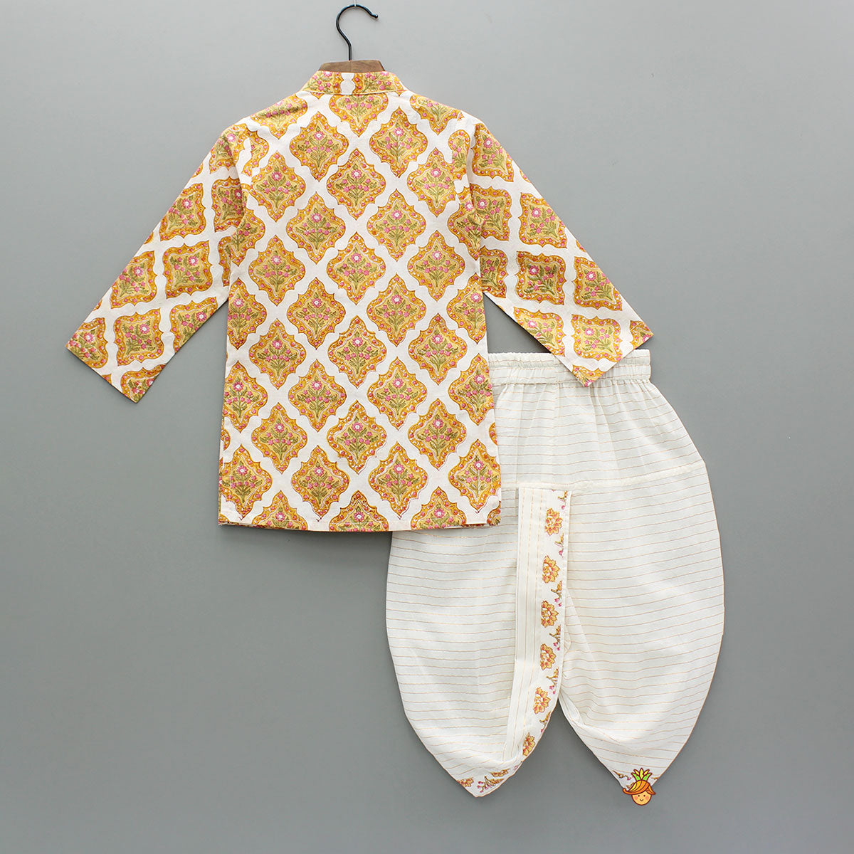 White Block Print Kurta With Matching Dhoti
