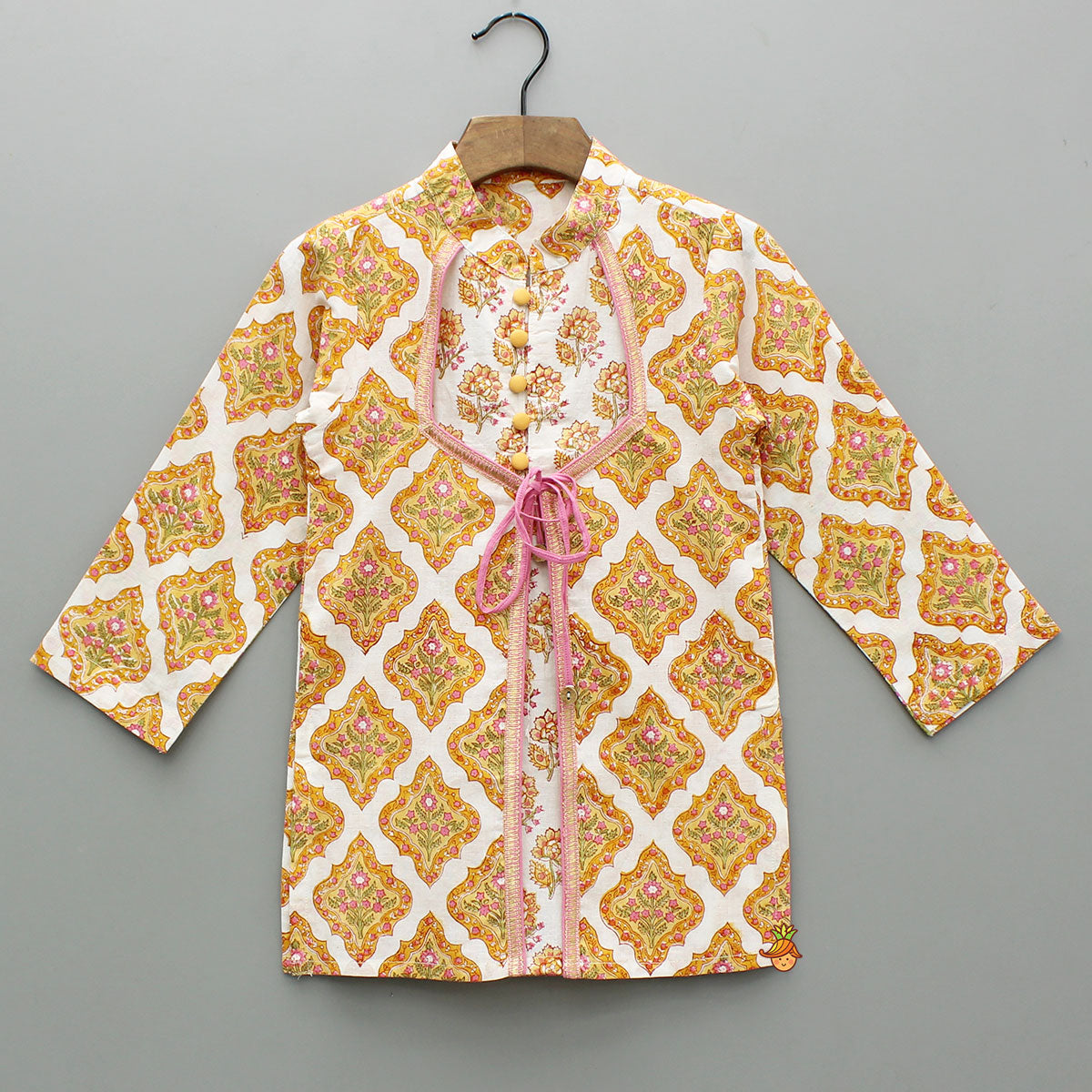 White Block Print Kurta With Matching Dhoti