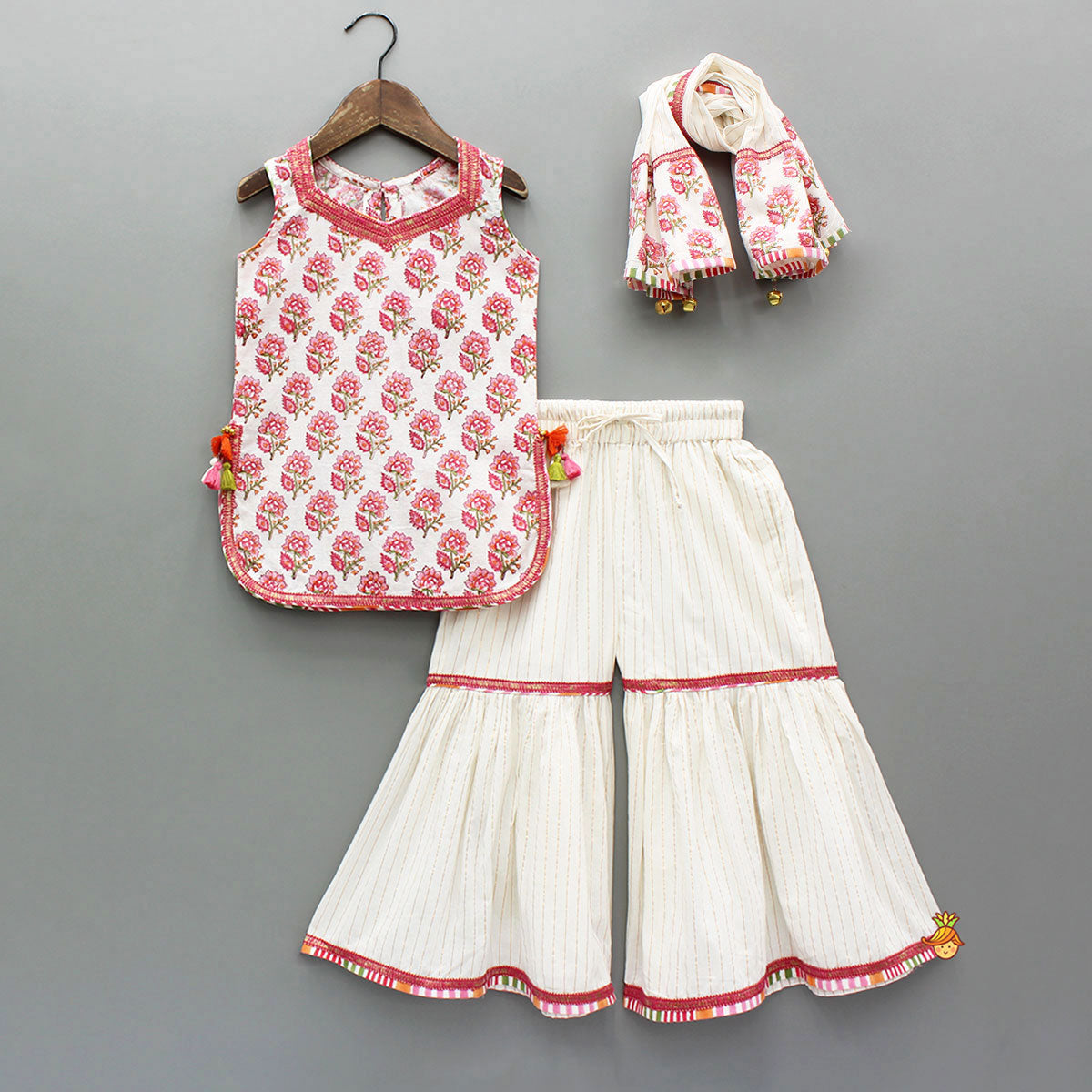 Floral Printed Cotton Kurti With Sharara And Dupatta