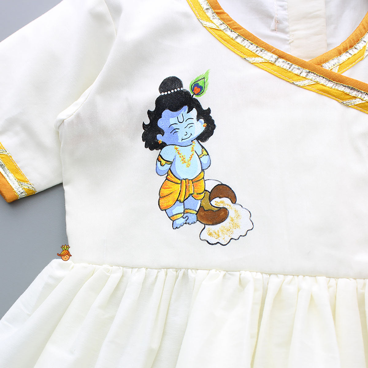 Krishna Hand Painted Top With Lace Work Orange Dhoti