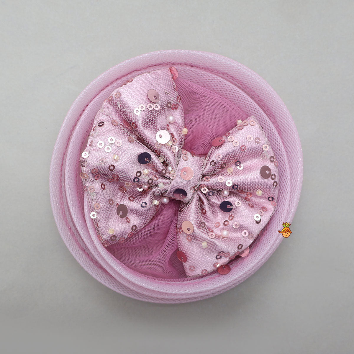 Pink Sequin Embellished Bow Adorned Dress With Matching Hair Clip