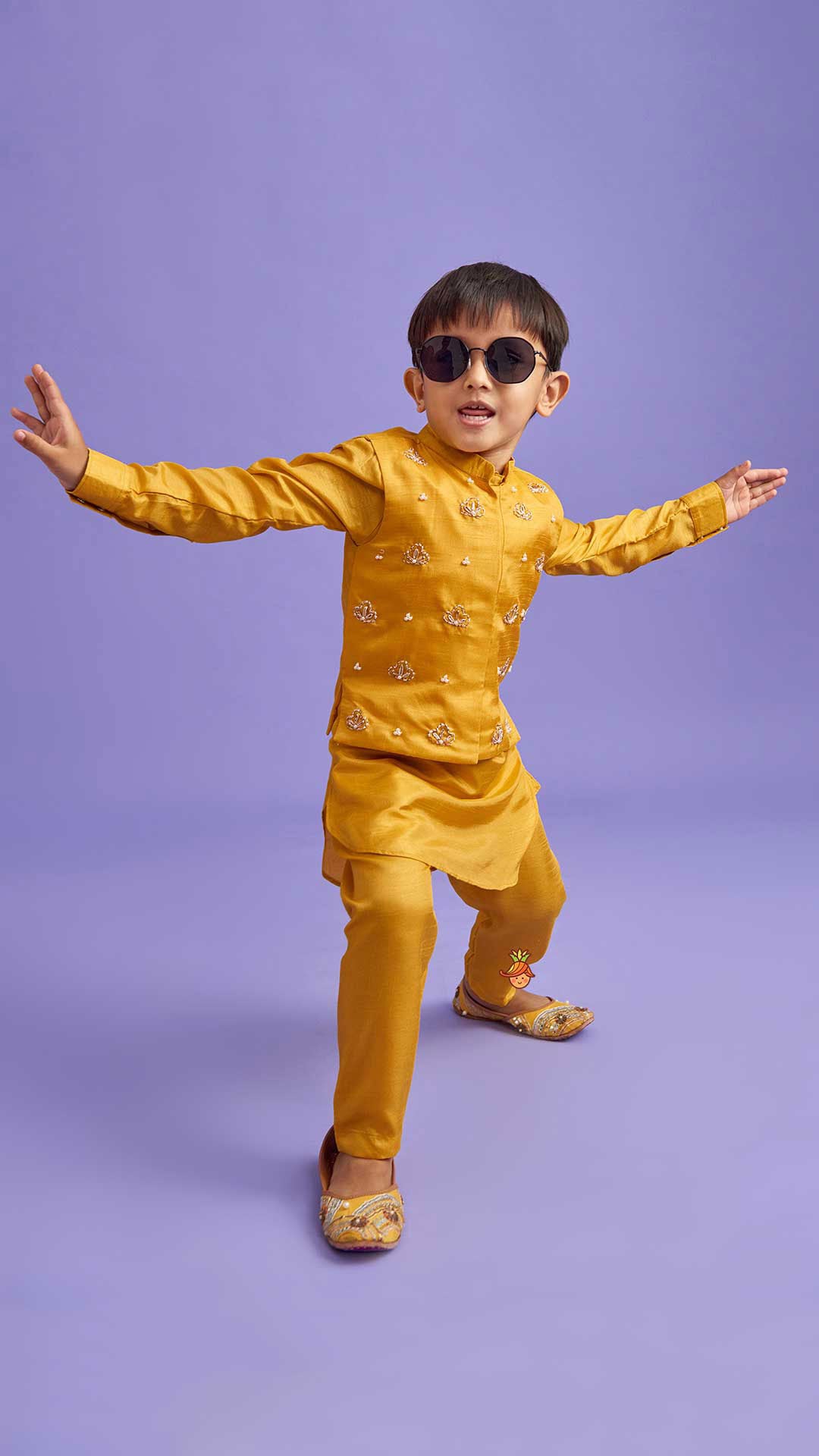 Collar-Neck Mustard Kurta With Embroidered Jacket And Pyjama