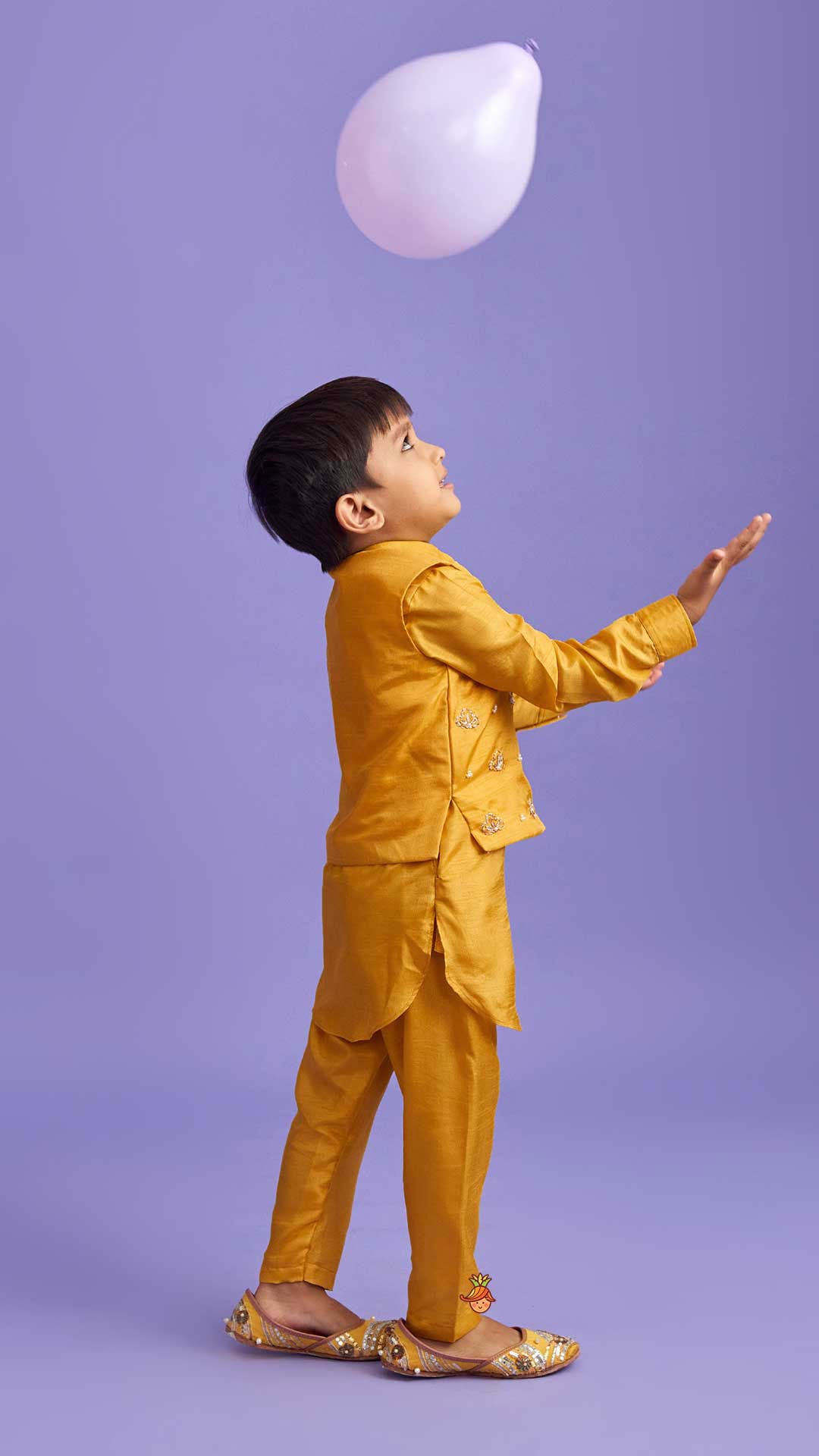 Collar-Neck Mustard Kurta With Embroidered Jacket And Pyjama