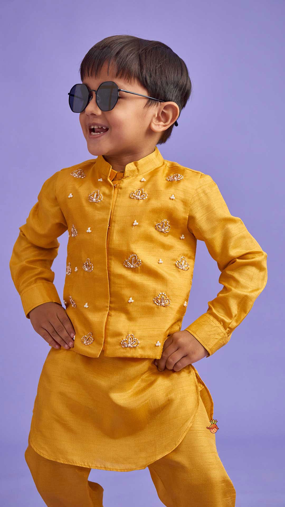 Collar-Neck Mustard Kurta With Embroidered Jacket And Pyjama