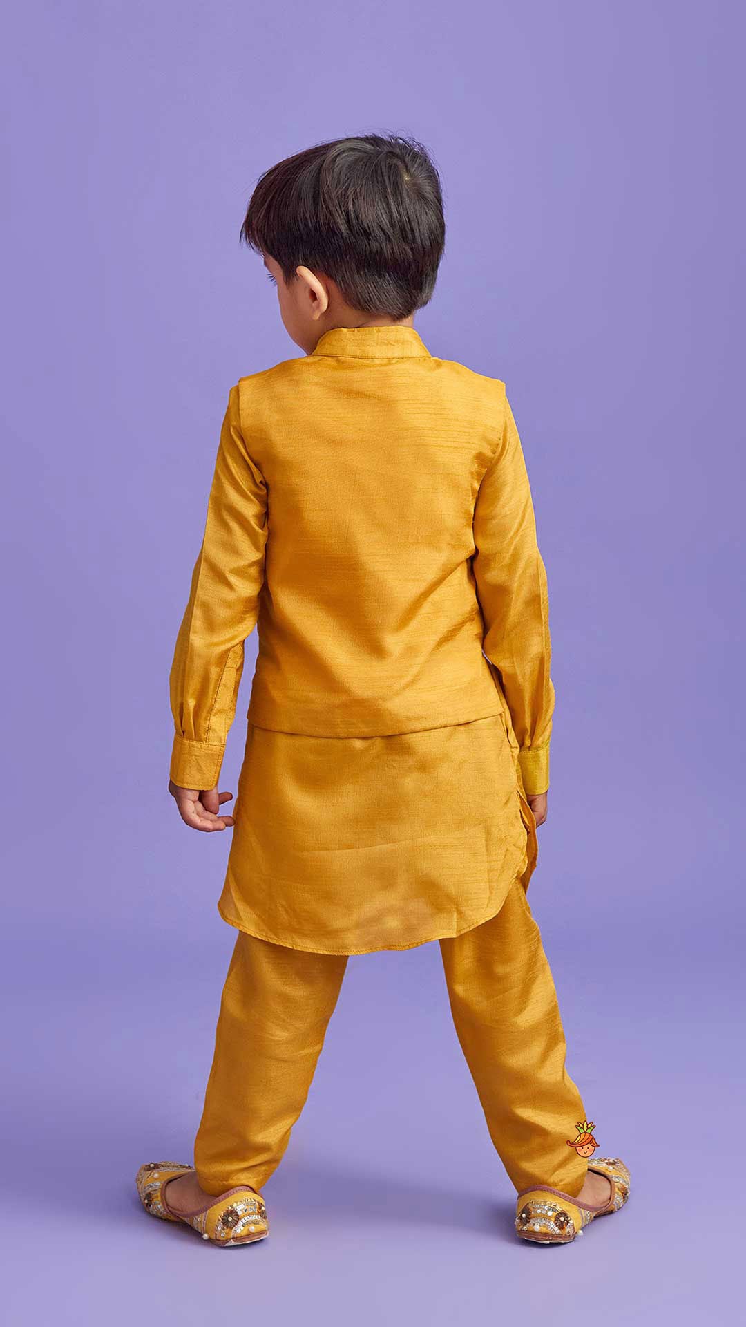 Collar-Neck Mustard Kurta With Embroidered Jacket And Pyjama