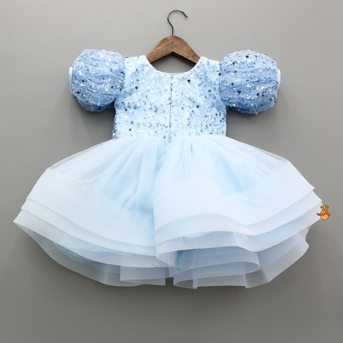 Pretty Blue Sequin Embellished Layered Bow Dress With Bow Head Band And Detachable Bow