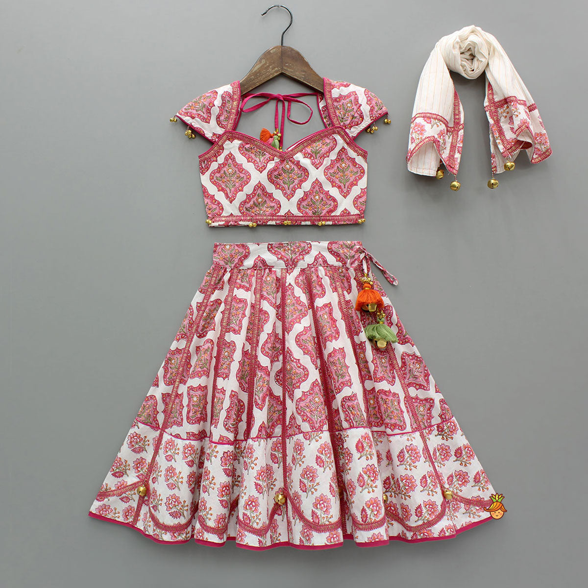 Beautiful Cotton Printed Sweetheart Neck Top With Printed Lehenga And Dupatta