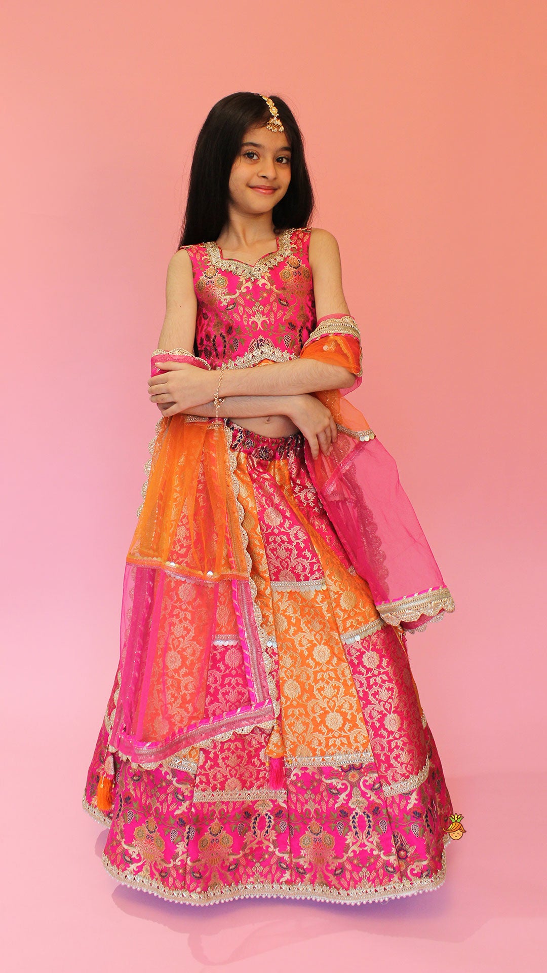 Stylish Brocade Multicolour Top And Lehenga With Net Dupatta