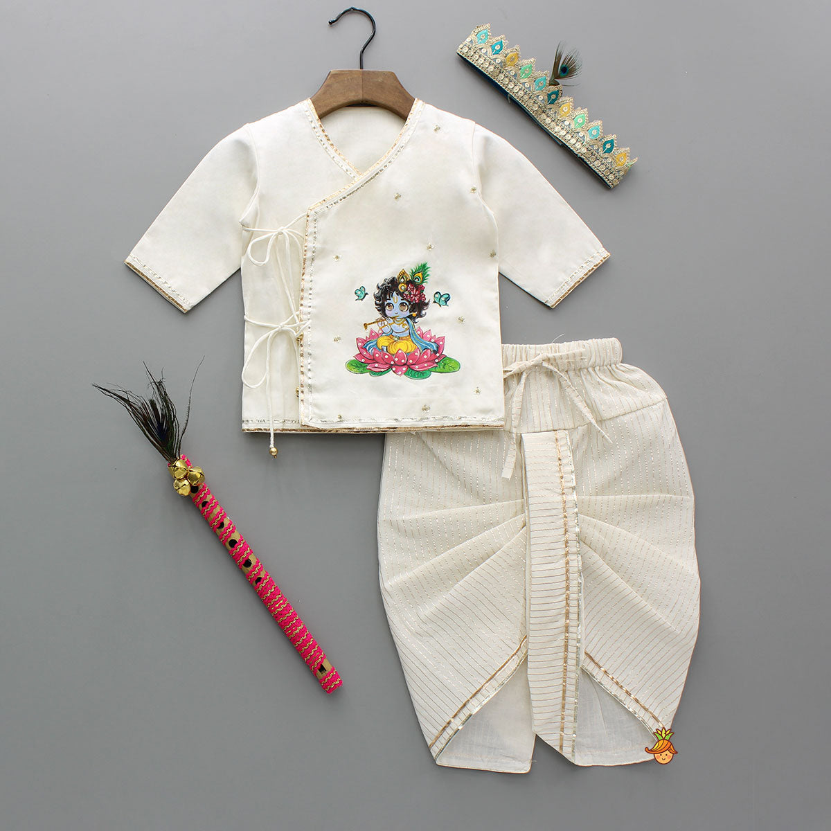 Beautiful Krishna Hand-Painted Off-White Kurta And Lurex Striped Dhoti With Mor Pankh Mukut And Basuri