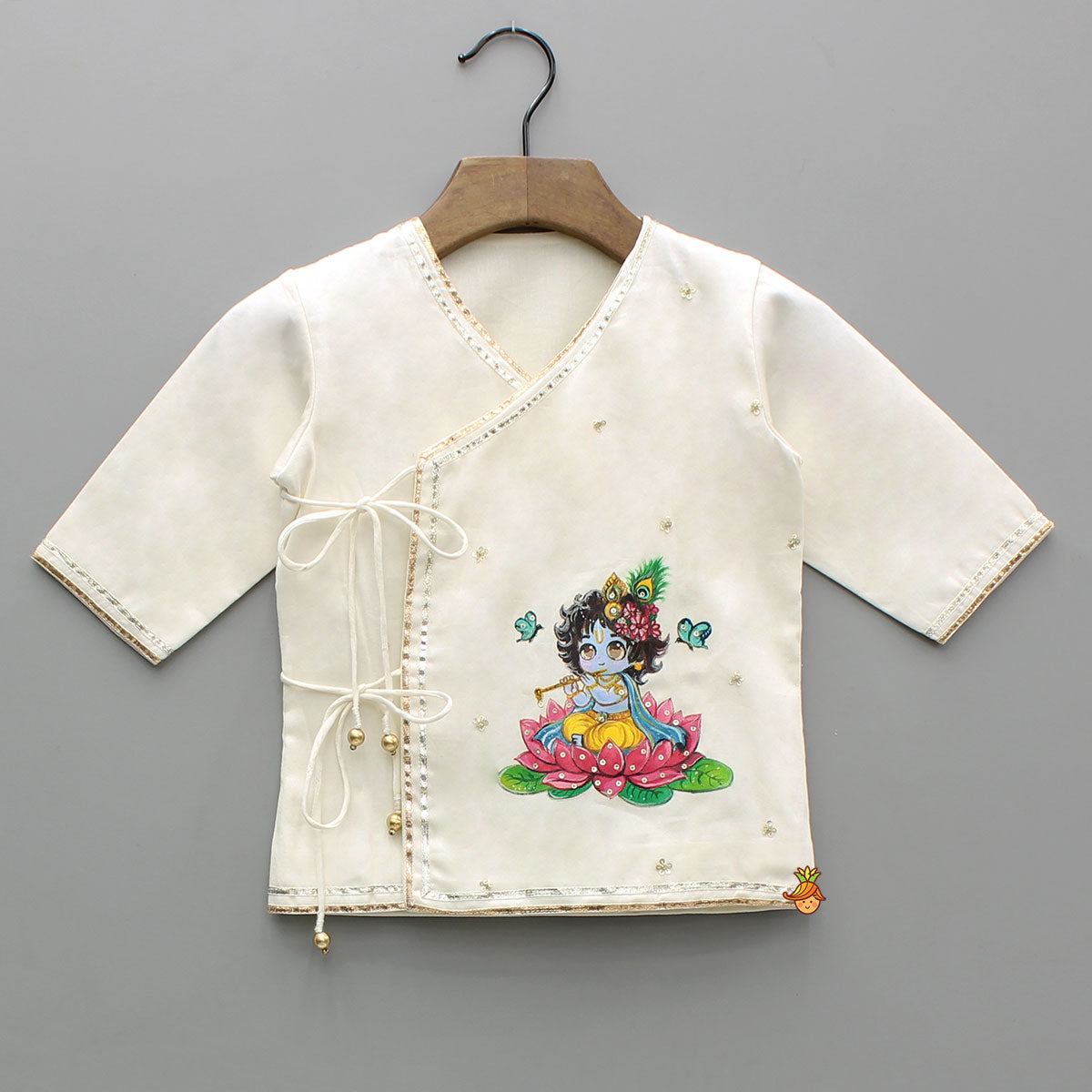 Beautiful Krishna Hand-Painted Off-White Kurta And Lurex Striped Dhoti With Mor Pankh Mukut And Basuri