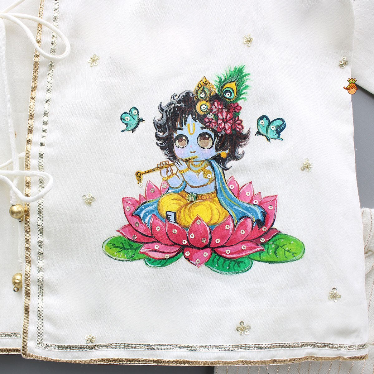 Beautiful Krishna Hand-Painted Off-White Kurta And Lurex Striped Dhoti With Mor Pankh Mukut And Basuri