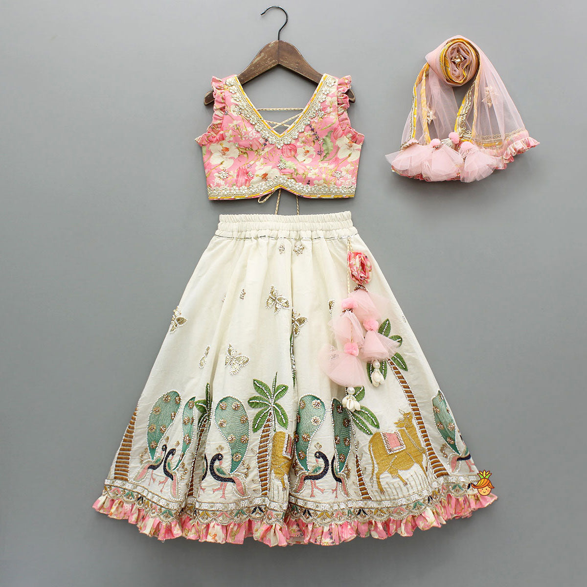 Stunning Pink Floral Printed Top With Embroidered Lehenga And Dupatta