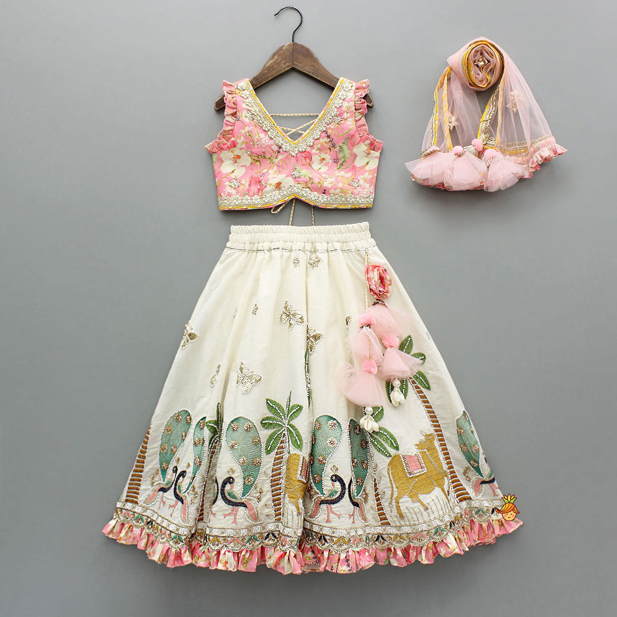 Stunning Pink Floral Printed Top With Embroidered Lehenga And Dupatta