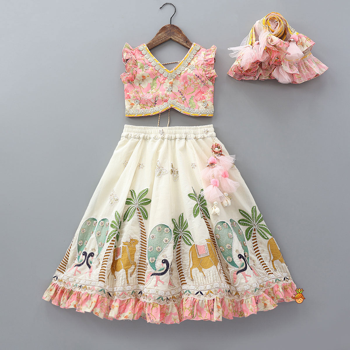 Stunning Pink Floral Printed Top With Embroidered Lehenga And Dupatta