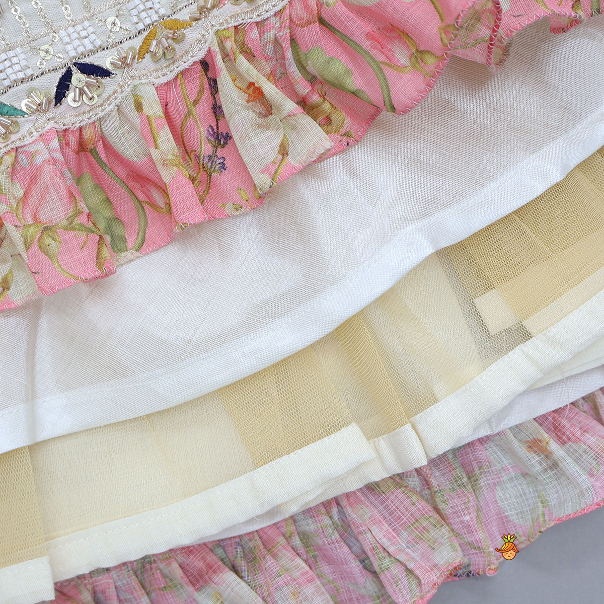 Stunning Pink Floral Printed Top With Embroidered Lehenga And Dupatta