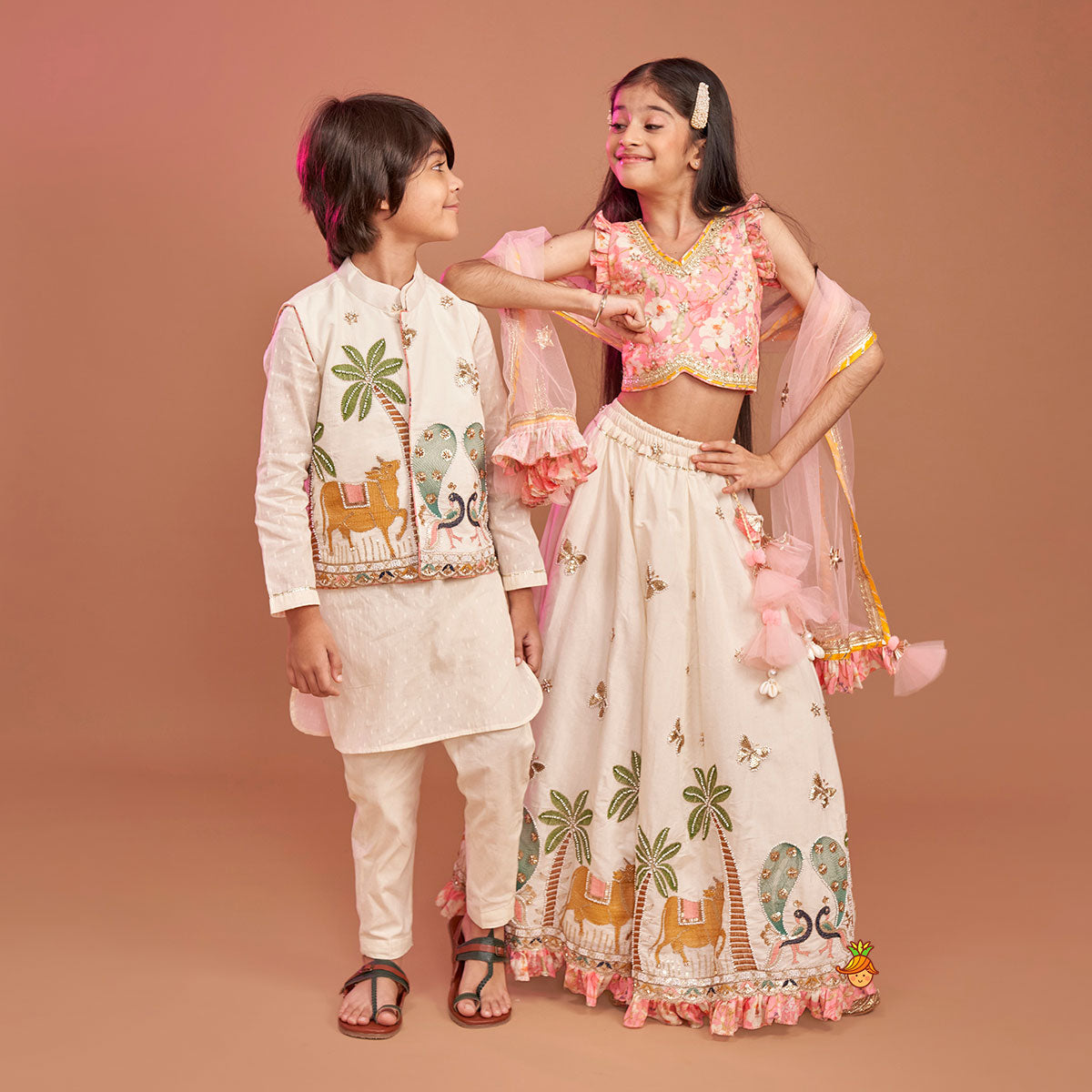 Stunning Pink Floral Printed Top With Embroidered Lehenga And Dupatta twinning model image 2