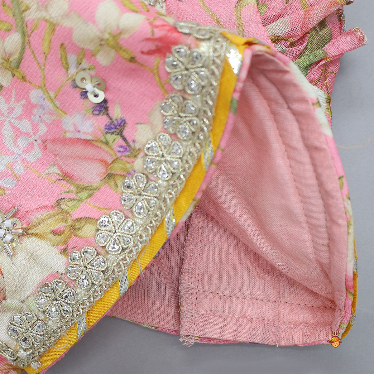 Stunning Pink Floral Printed Top With Embroidered Lehenga And Dupatta