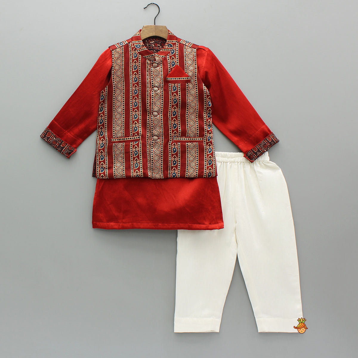 Red Kurta With Printed Jacket And Off White Pyjama