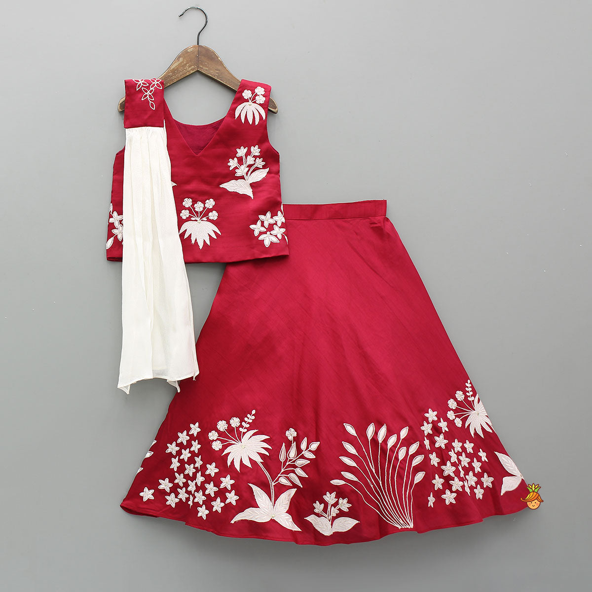Floral Applique V-Neck Top And Lehenga With Stylish Dupatta
