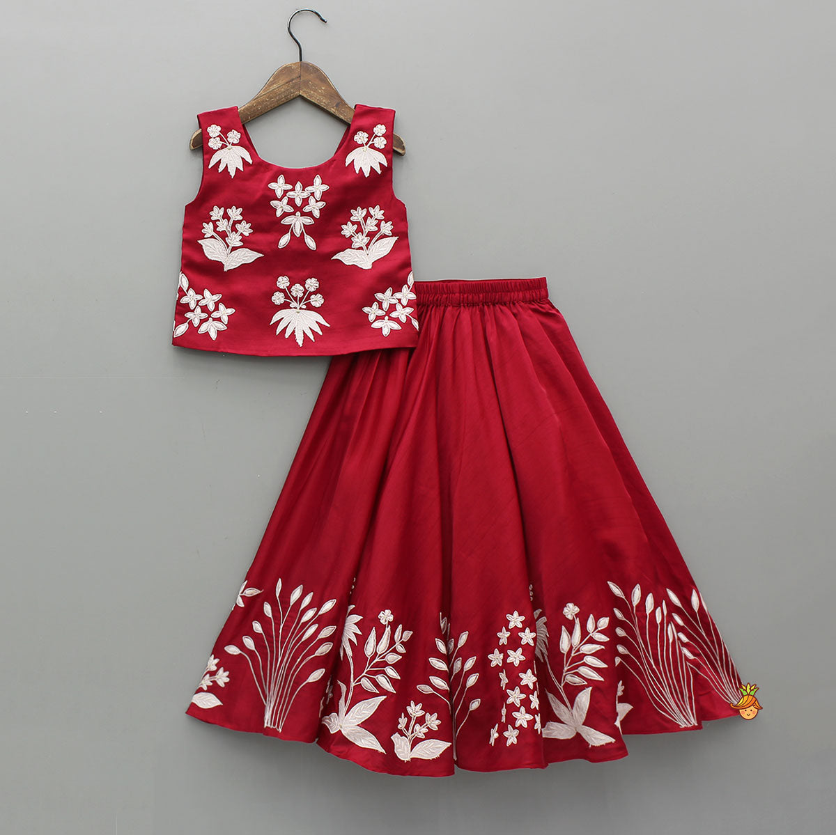 Floral Applique V-Neck Top And Lehenga With Stylish Dupatta