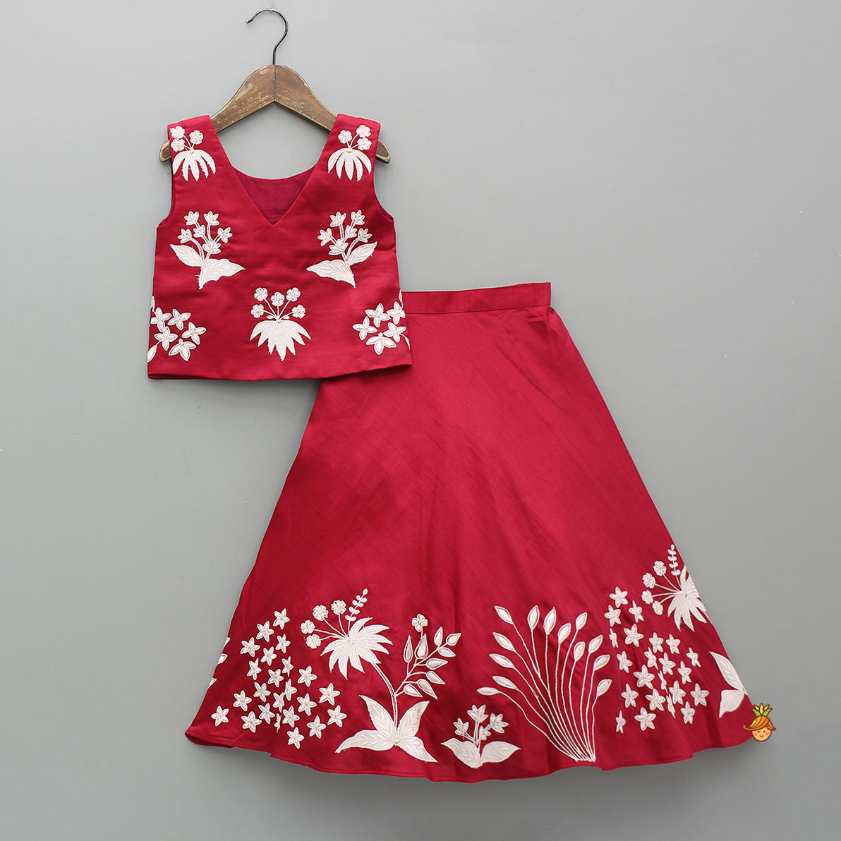 Floral Applique V-Neck Top And Lehenga With Stylish Dupatta
