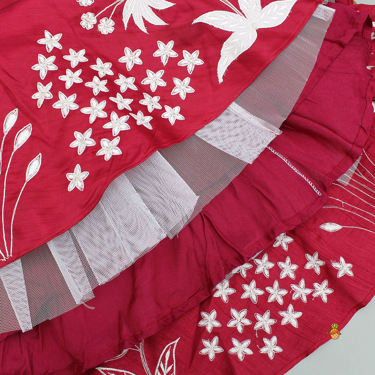 Floral Applique V-Neck Top And Lehenga With Stylish Dupatta