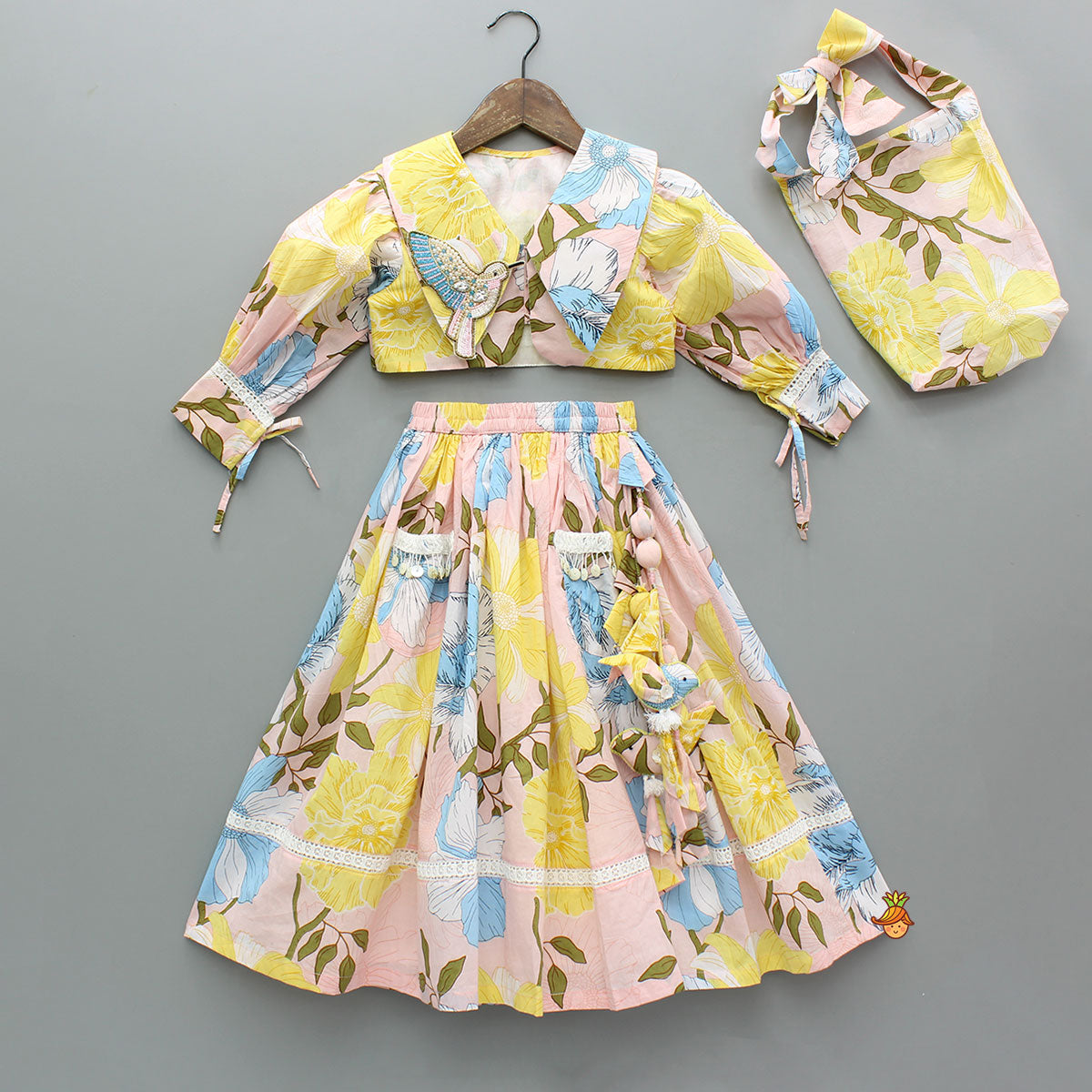Floral Printed Cotton Top With Matching Lehenga And Bag