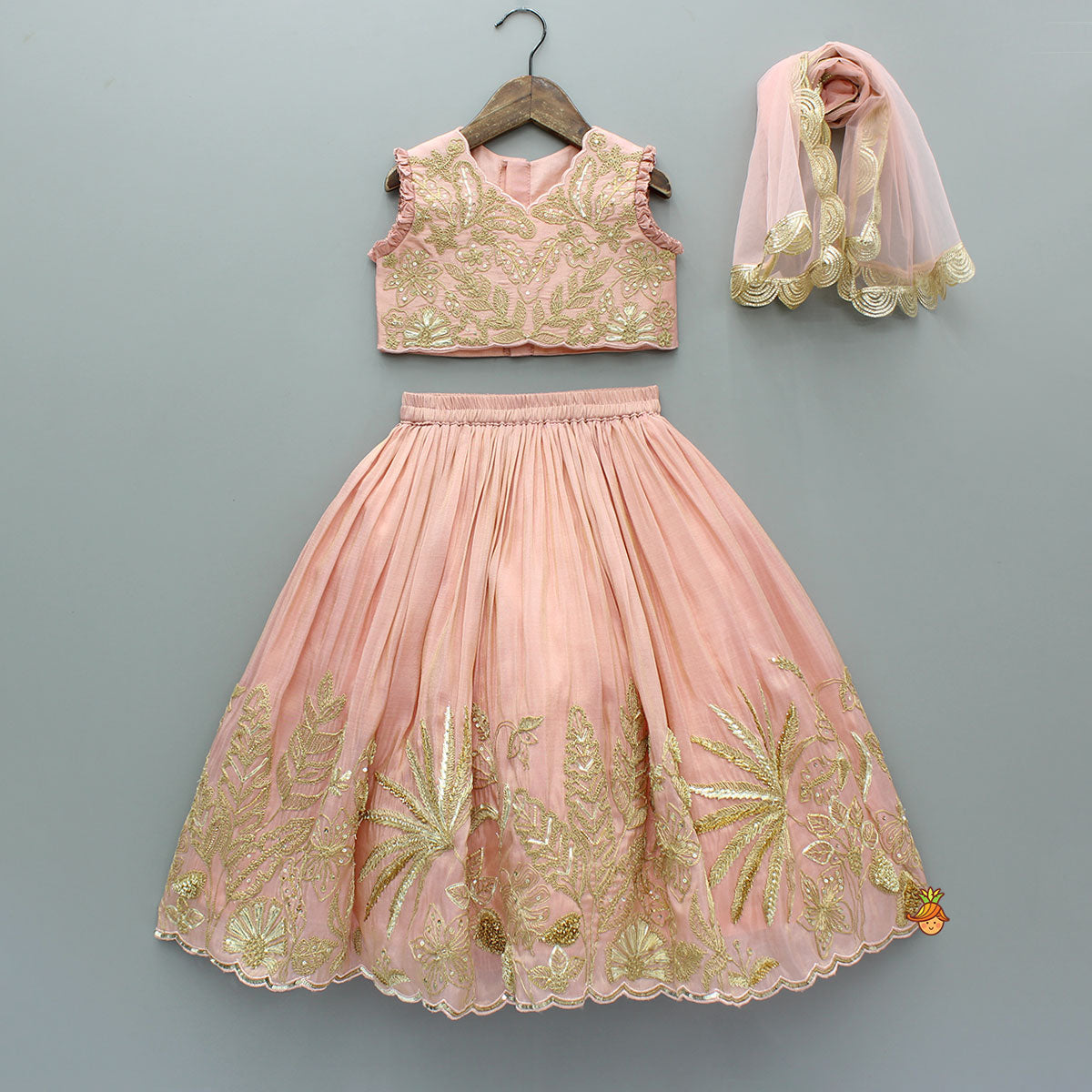 Gorgeous Shimmery Embroidered Top With Shimmery Flared Lehenga And Dupatta