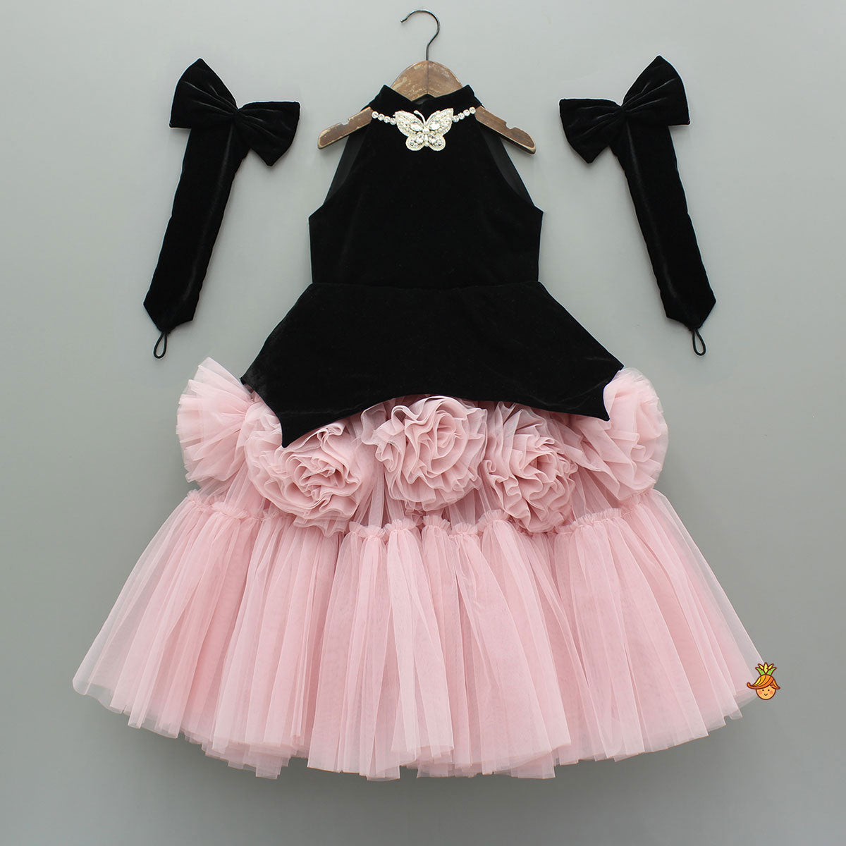 Elegant Black Velvet And Pink Net Gown With Hand Gloves