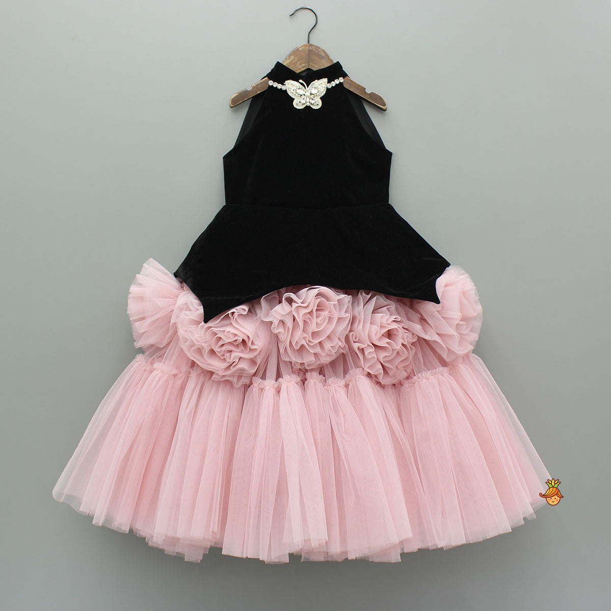 Elegant Black Velvet And Pink Net Gown With Hand Gloves