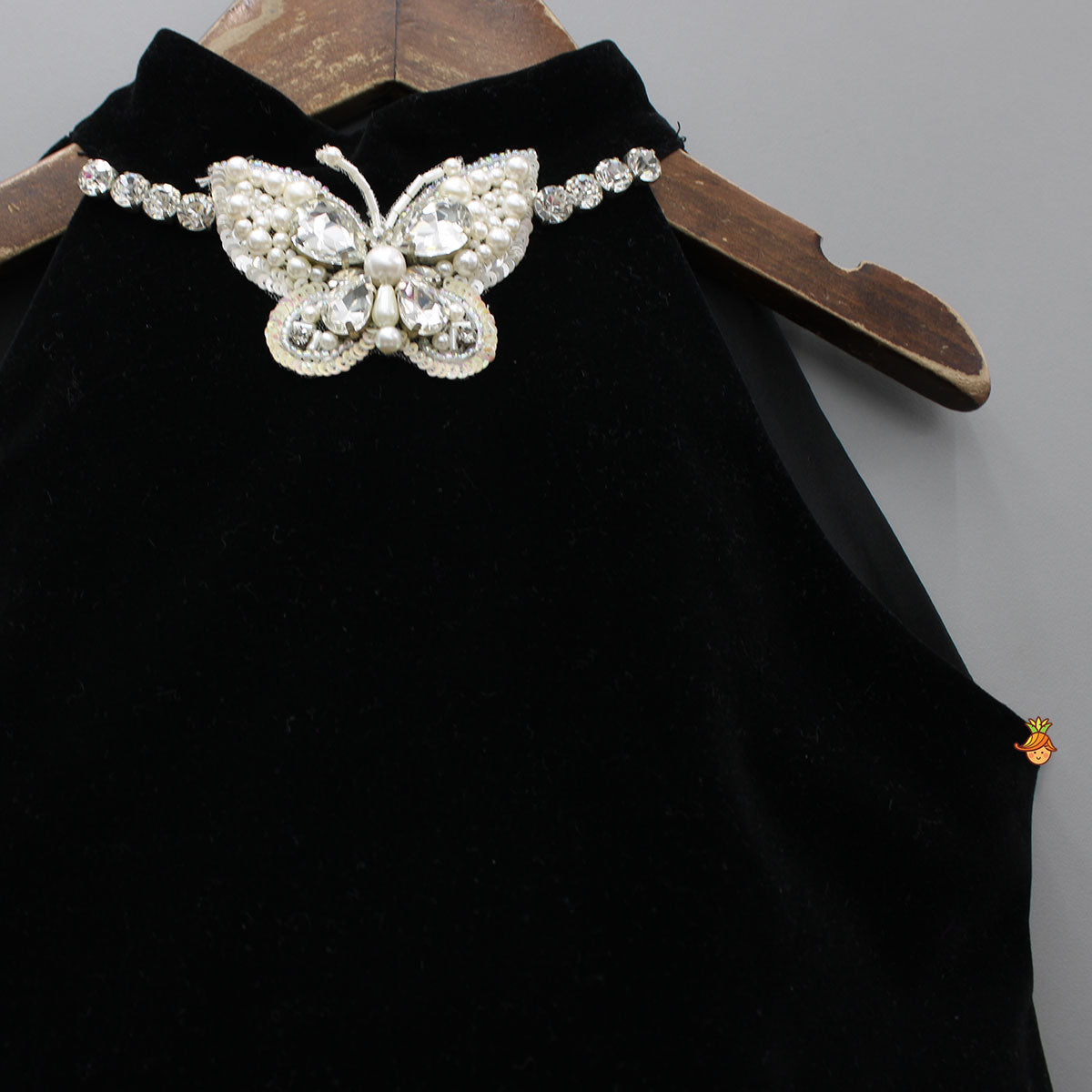 Elegant Black Velvet And Pink Net Gown With Hand Gloves