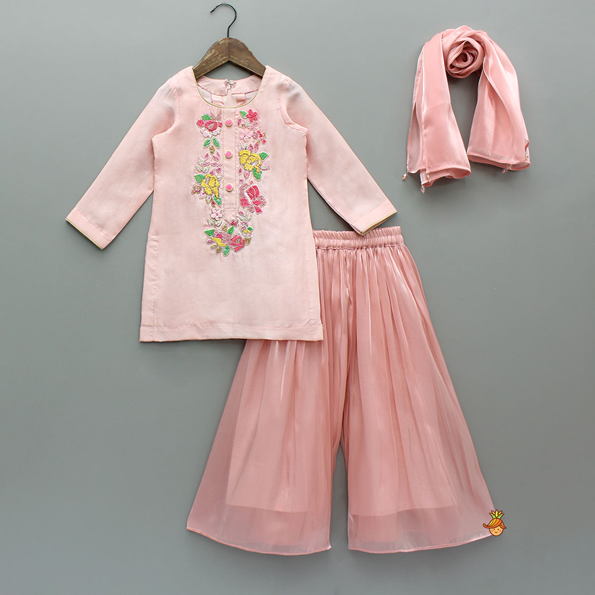 Gorgeous Floral Embroidered Kurti With Pleated Palazzo And Dupatta