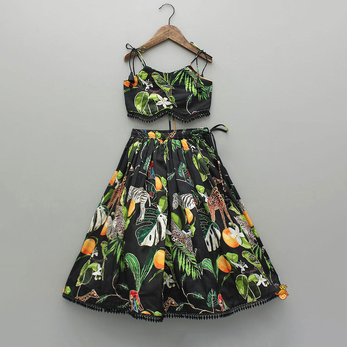 Black Tropical Print Strappy Top With Lehenga