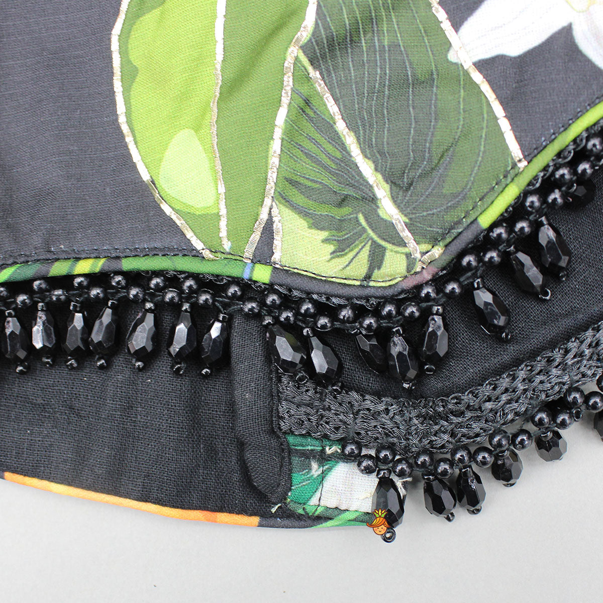 Black Tropical Print Strappy Top With Lehenga