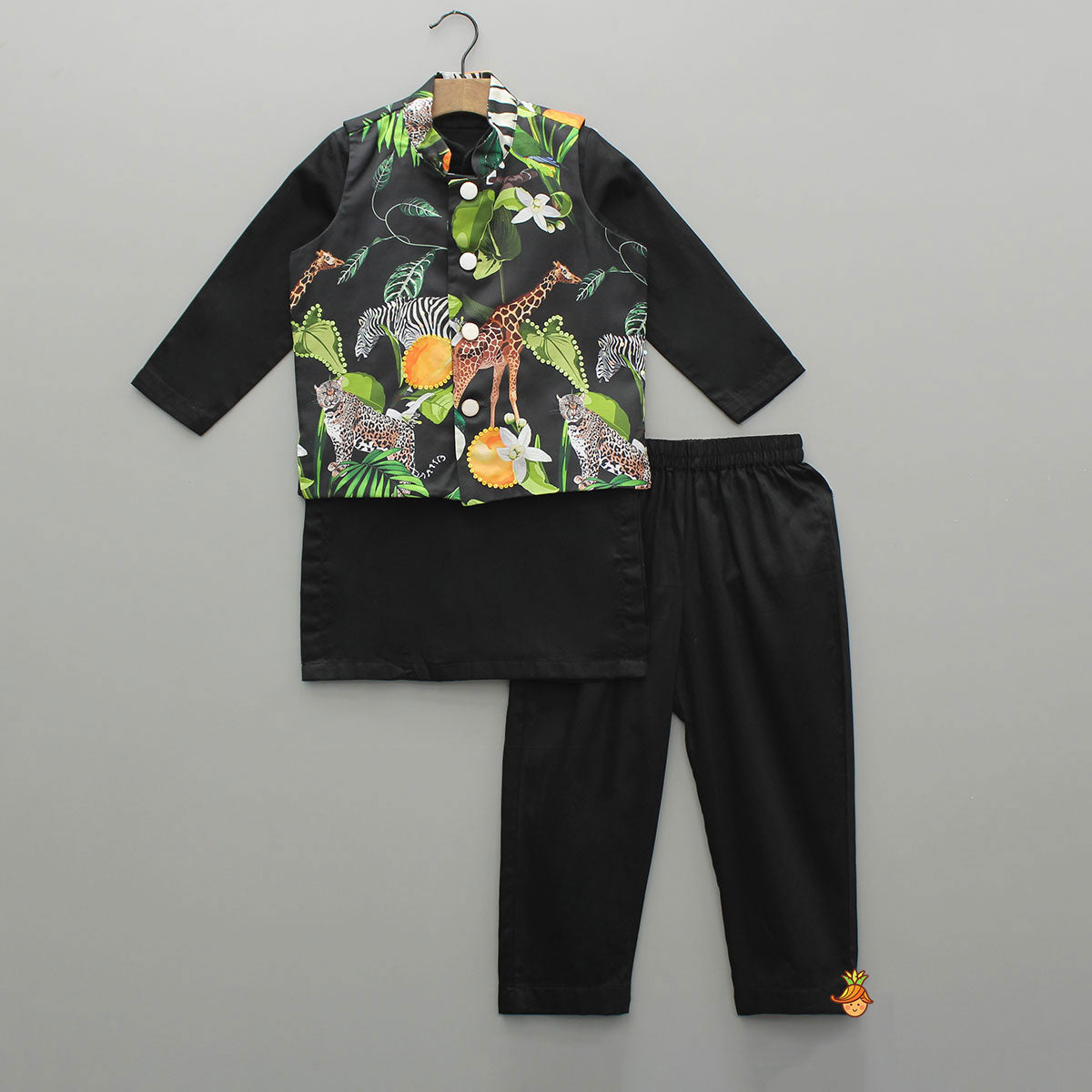 Black Kurta With Safari Printed Jacket And Pyjama