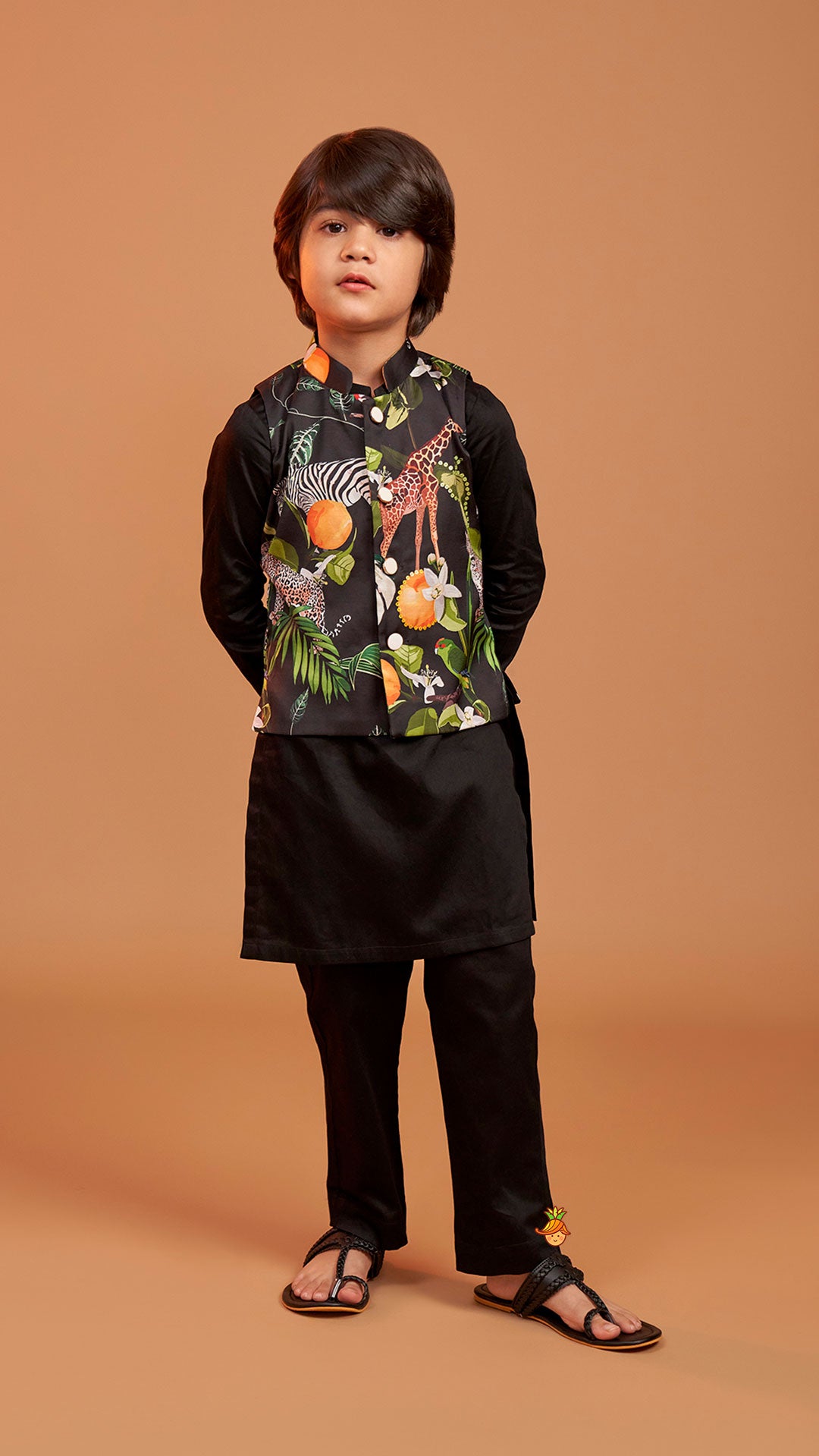 Black Kurta With Safari Printed Jacket And Pyjama
