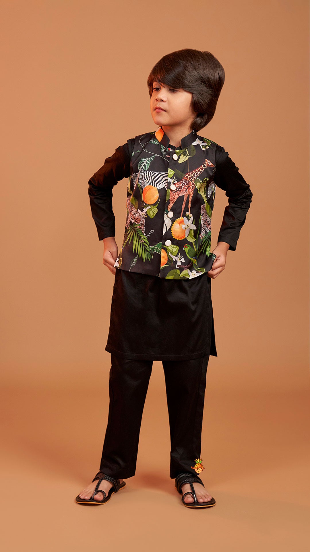 Black Kurta With Safari Printed Jacket And Pyjama