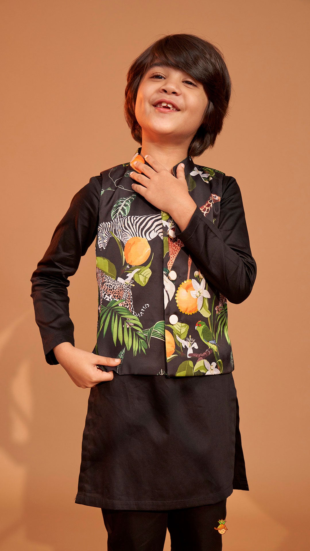 Black Kurta With Safari Printed Jacket And Pyjama