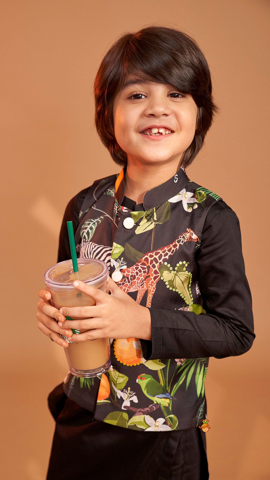 Black Kurta With Safari Printed Jacket And Pyjama