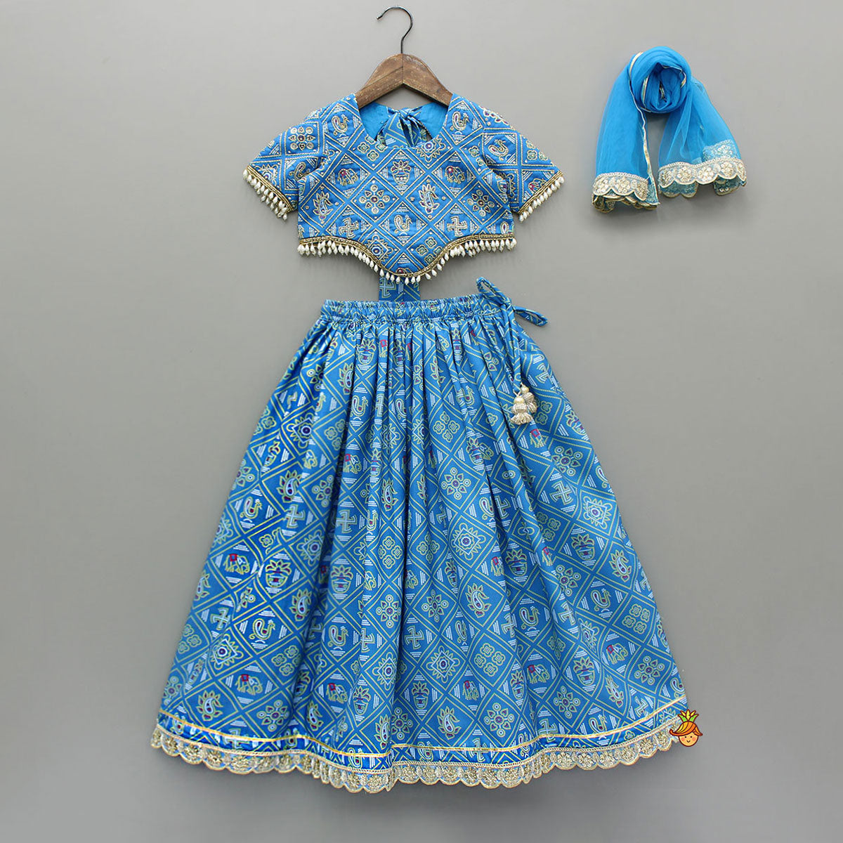 Blue Bandhani Printed Top With Lehenga And Dupatta