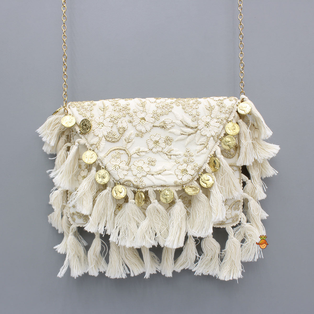 Sling Bag With Zari And Thread Floral Embroidery And Fringe Detailing
