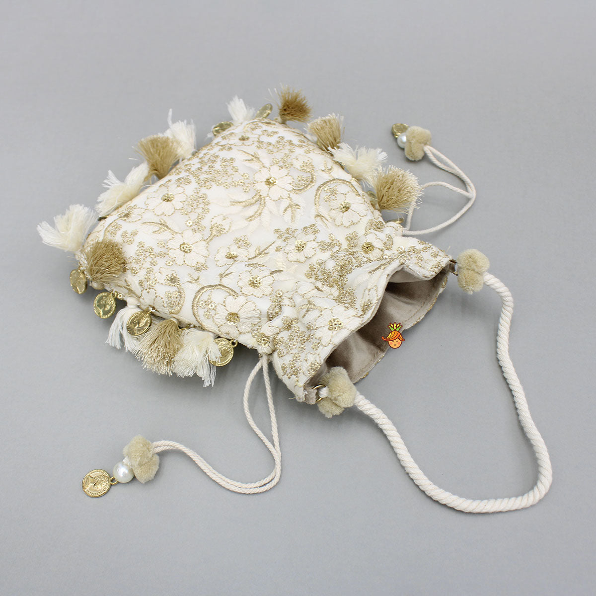 Zari And Thread Embroidered Off White Potli Bag