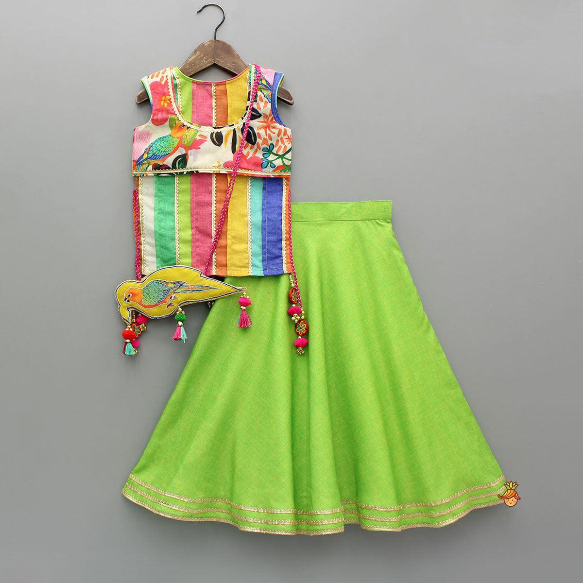 Multicoloured Stylish Kurta With Green Lehenga And Matching Bag