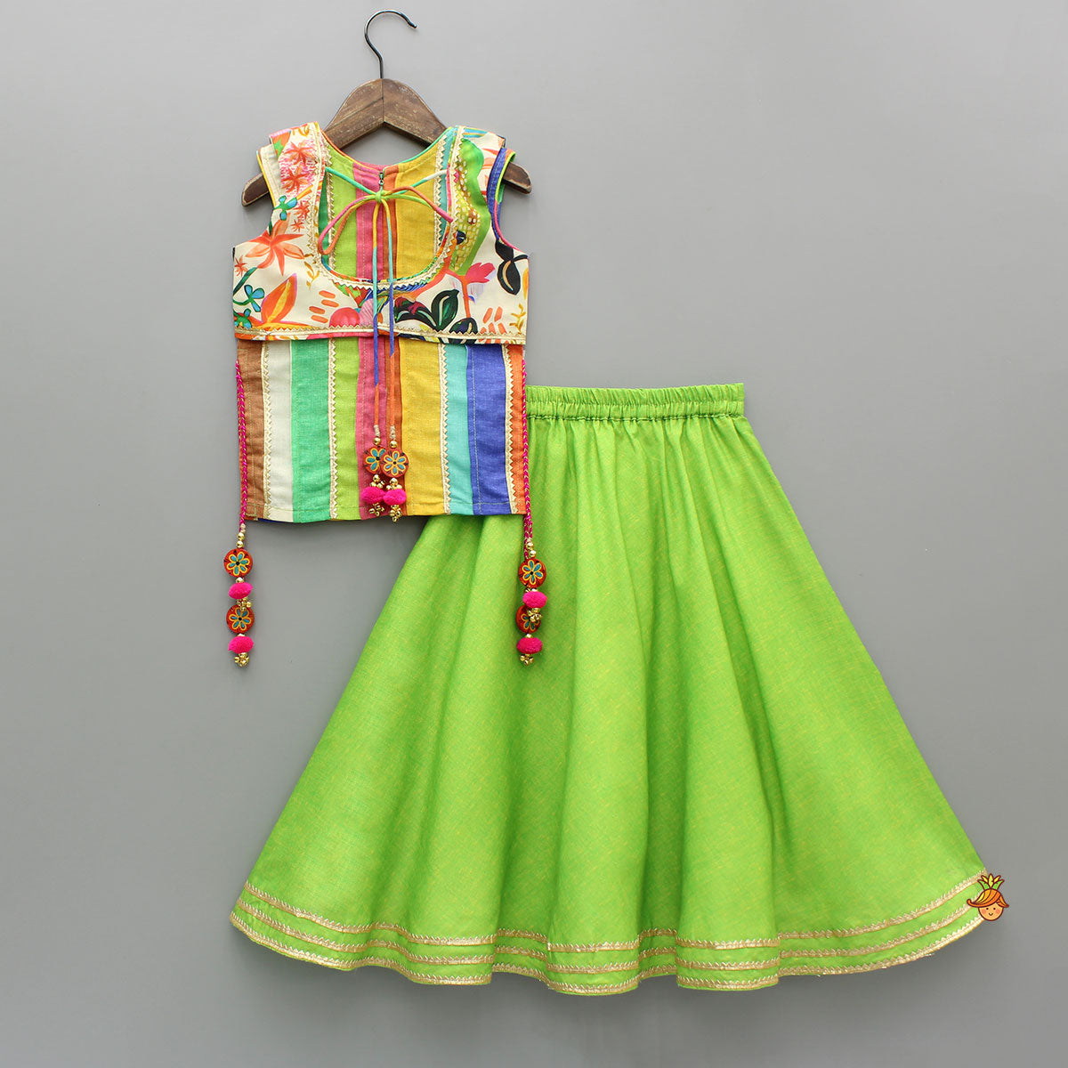 Multicoloured Stylish Kurta With Green Lehenga And Matching Bag