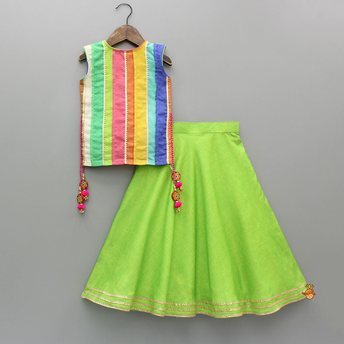Multicoloured Stylish Kurta With Green Lehenga And Matching Bag