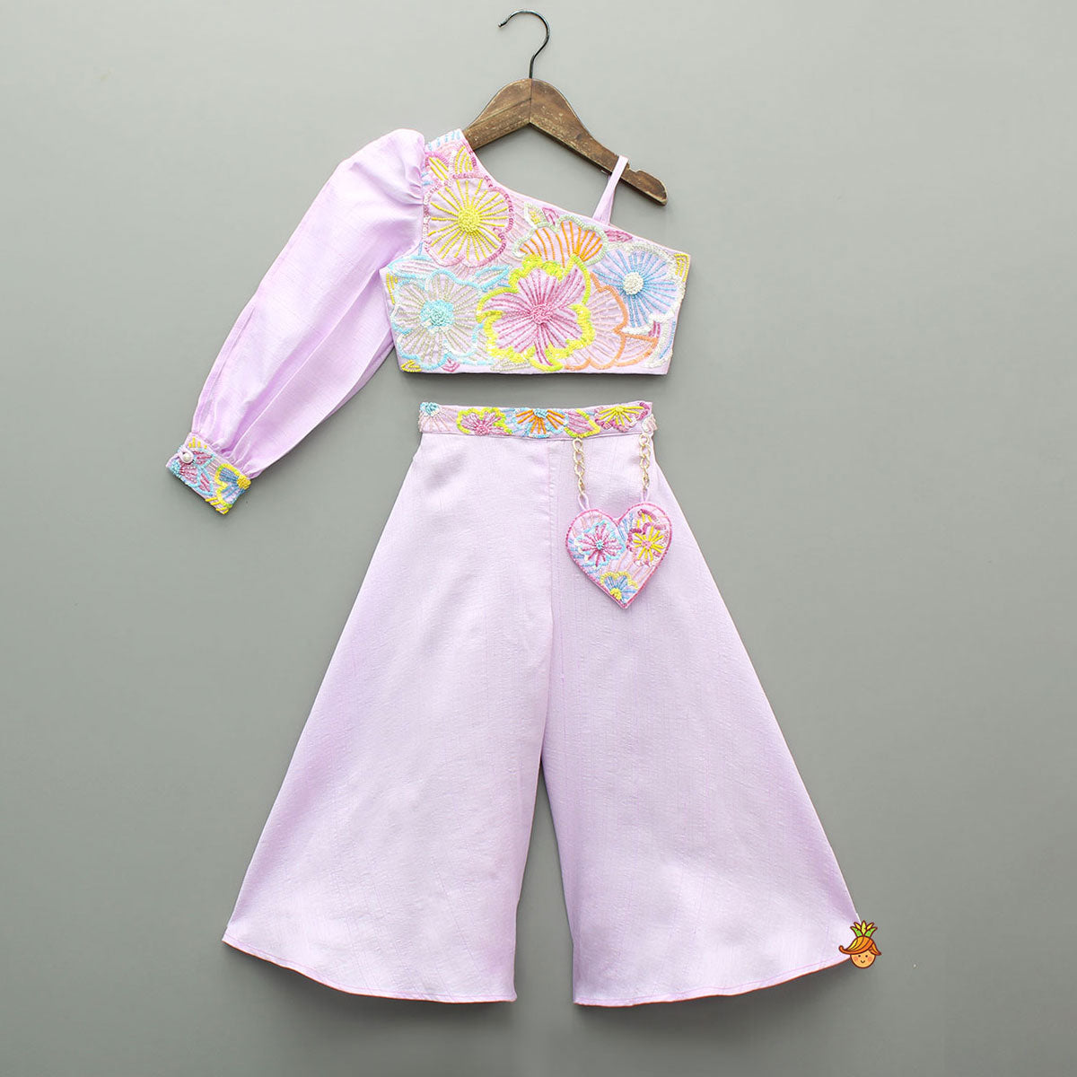 Lilac One Shoulder Floral Embroidered Top With Palazzo And Attached Heart Shaped Pouch