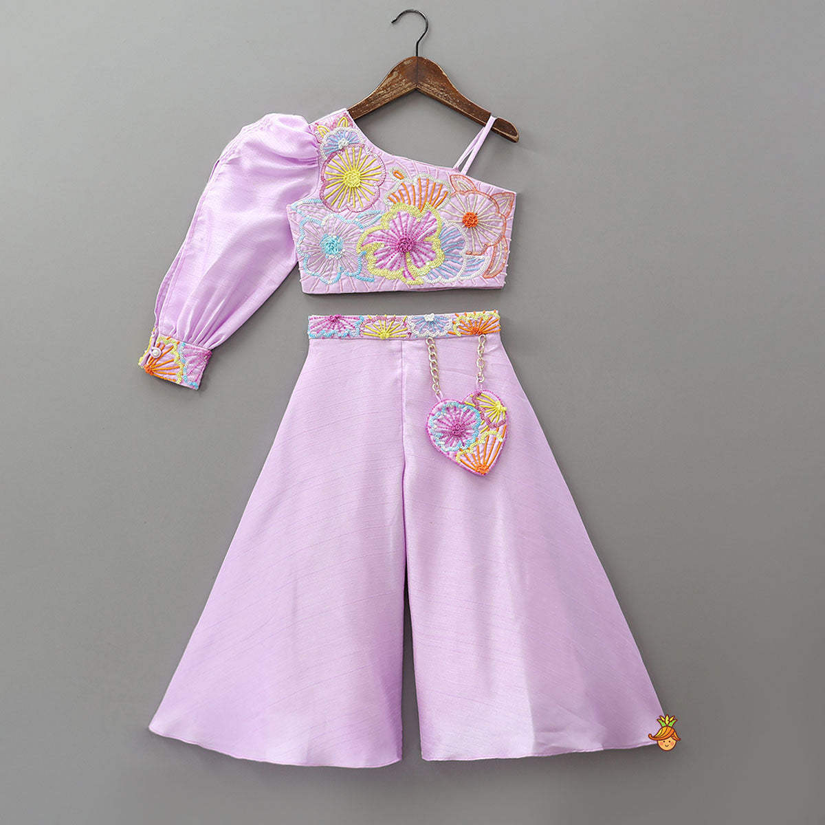 Lilac One Shoulder Floral Embroidered Top With Palazzo And Attached Heart Shaped Pouch