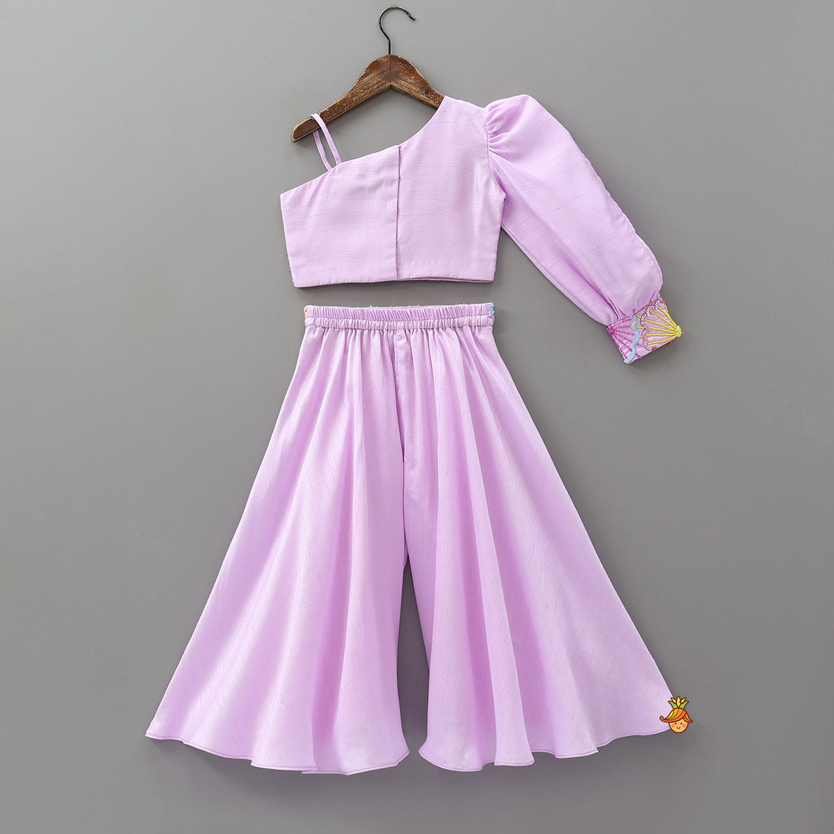 Lilac One Shoulder Floral Embroidered Top With Palazzo And Attached Heart Shaped Pouch